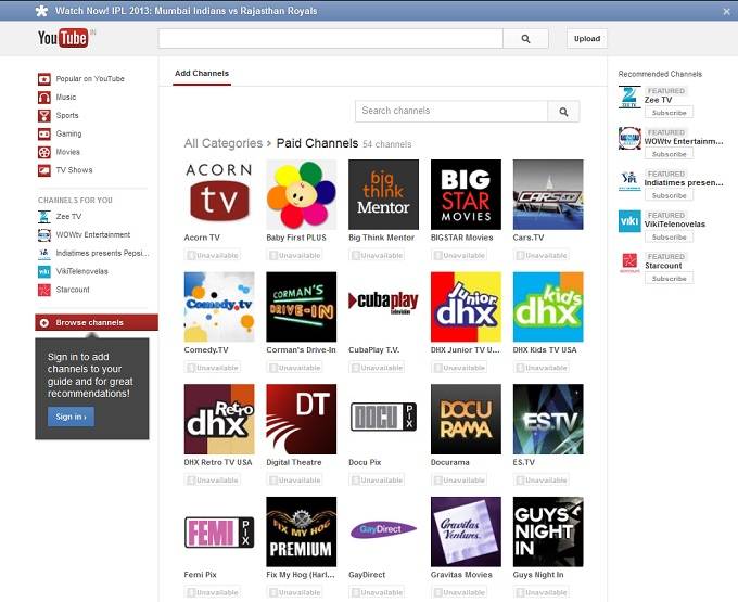 youtube paid channels service