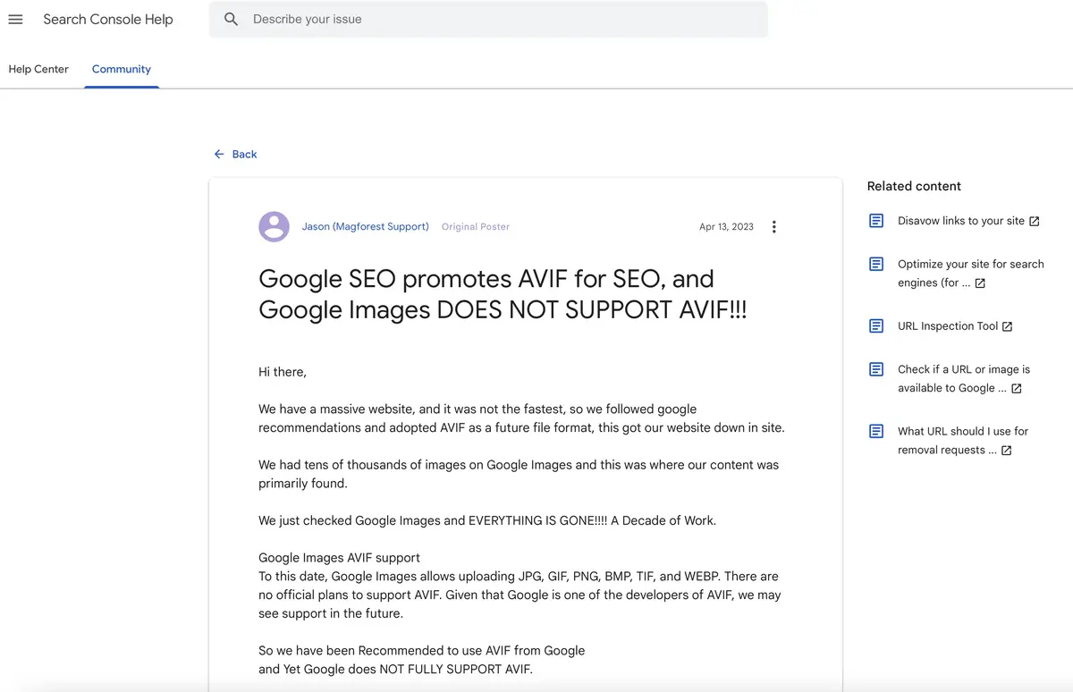 google support forum avif support