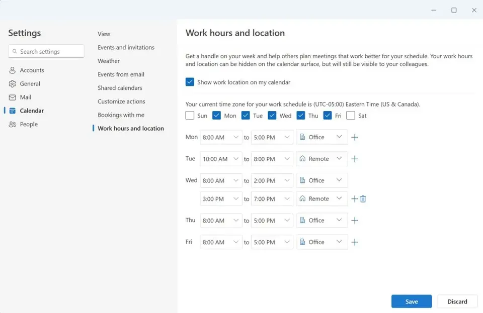 outlook for windows work hours and location feature